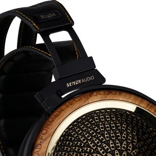 Otevřená hifi sluchátka Sendy Audio Peacock Zebra, hlavový most a mušle ze zebrového dřeva, černé kožené náušníky, zlatá destička s nápisem "Right"