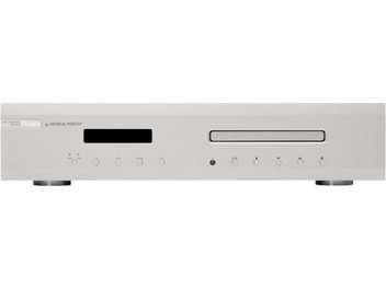 Musical Fidelity M3scd sølv hi-fi CD-afspiller med rektangulær front, sort skærm, CD-slot og 10 runde knapper