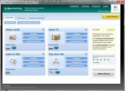 Logitech Harmony nuotolinio valdymo pulto programinės įrangos 7.7.0 versijos konfigūravimo sąsajos ekrano nuotrauka
