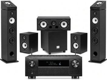Denon ir Triangle juodas 5.1 namų kino komplektas su AV stiprintuvu, žemųjų dažnių garsiakalbiu ir Dolby Atmos kolonėlėmis