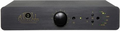 Atoll Electronique IN50SE sort hi-fi stereoforstærker set forfra, guld knapper og stik, grønt display