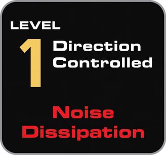 Чорна прямокутна етикетка "Level 1 Direction Controlled Noise Dissipation" з білим і жовтим текстом на чорному тлі