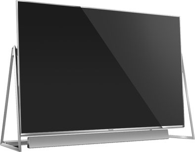 Téléviseur Panasonic TX-50DX800E à écran plat rectangulaire noir, vu de face, sur pied métallique argenté