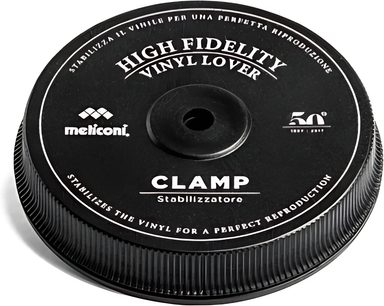 Juoda vinilo plokštelė "High Fidelity Vinyl Lover" iš Meliconi, 50-ųjų metinių stabilizatorius Clamp, užtikrinantis tobulą atkūrimą