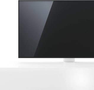 Sort Alpha JSA2040 TV-møbel fra Just By Spectral, nærbillede af fronten fra en vinkel, med blankt og glat overflade