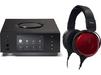 Amplificatore per cuffie di rete Naim Uniti Atom con cuffie Fostex TH900 nere con padiglioni rossi