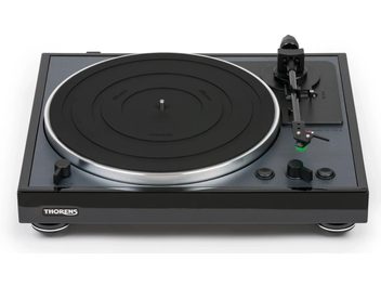 Thorens TD 102 A glossy black vinyl turntable, top view, circular black platter, silver tonearm