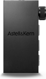 Přenosný audio konvertor Astell&Kern AK-HB1 v černé barvě, pohled zepředu, konektory na pravé straně