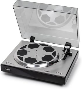 Thorens TD 404 DD platespiller i sølv og svart med løftet transparent lokk og aluminiumstallerken