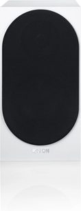 Canton GLE 30 S2 hvid mat boghylde-højttaler set forfra med stor afrundet sort frontgrill