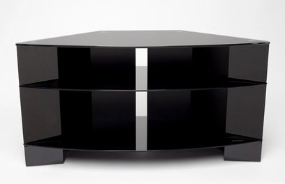 Norstone Design Corner sort blankt audiovideo-møbel, forfra, firkantet form, 2 hylder, højblank sort lak