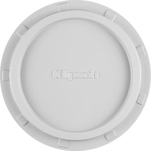 Weiße Klipsch PRO-180-RPC Decken-Einbaulautsprecherbox, Frontansicht, mit rundem Gitter und mittigem Logo