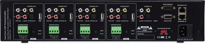 Smart Zone 4 Amp, widok z tyłu, 4 strefy, 4 wyjścia koncentryczne, 4 wyjścia głośnikowe, 4 wejścia liniowe, 4 wejścia optyczne, 4 porty USB, 1 port sieciowy, 1 port RS232, 1 przełącznik napięcia, 1 gniazdo zasilania