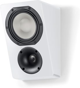 Boxă Dolby Atmos Canton AR 5 alb mat văzută din unghi de trei sferturi, incintă rectangulară cu două difuzoare negre