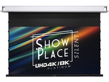 Projektorduk Lumene Show Place Silent UHD 4K/8K Platinum, vit kassett och utrullad svart duk