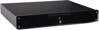 Electrocompaniet ECP-2 MKII sort phono-forforstærker, frontvisning, frontpanel med gylden logo og drejeknap