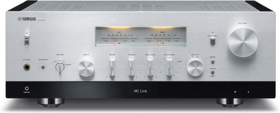 Yamaha R-N2000A silver hi-fi stereo amplifier, front view, silver front panel with buttons, VU meters, and front panel inputs