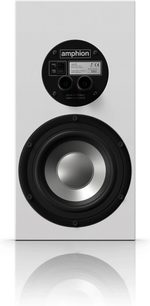 Amphion Argon 3S witte boekenplankluidsprekers, vooraanzicht, ronde zwarte luidspreker, bediening bovenop