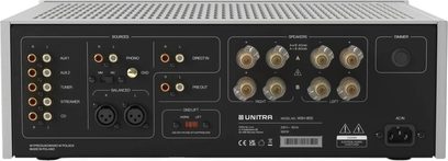 Amplifisert hi-fi-integrert Unitra WSH-805 i sølv, metallkabinett, baksidevisning, RCA, 2 XLR, høyttalerterminaler, IEC-kontakt