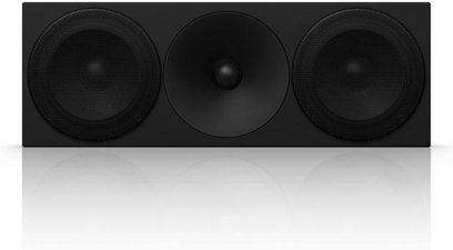 Caixa acústica central Amphion Helium 520C preta, vista frontal, 3 alto-falantes circulares pretos em painel frontal preto retangular