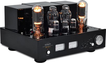 Line Magnetic LM-805IA sort hi-fi rørforstærker, frontvisning, 6 vakuumrør, knapper og stik på forsiden, sort kabinet