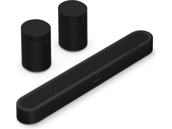 Black Sonos Beam Ultra package with soundbar and two black Era 100 speakers, top view