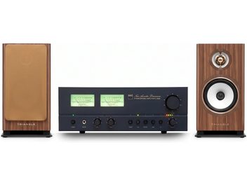 Amplificatore stereo NAD C 3050 nero con vu-meter e coppia di diffusori Triangle con finitura noce, di cui uno con griglia rimovibile