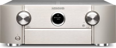 Marantz SR6010 sølv/guld hjemmebiograf-forstærker, frontpanel i sølv med 3 drejekontroller og centralt blåt display