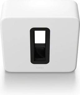Subwoofer Caisson de grave Sub (Gen 4) v bílé barvě, pohled zepředu, obdélníkový tvar, centrální černý otvor, hladký povrch, zaoblené rohy
