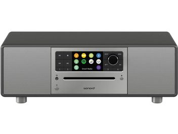 Radio digitale Sonoro Prestige grafite opaco e argento, alloggiamento in metallo rettangolare, display a colori, pulsanti rotondi argentati