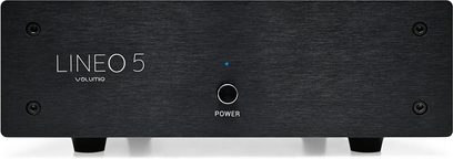 Ločeno napajanje za elektroniko HI-FI Volumio Lineo5, pogled od spredaj, pravokotno črno ohišje, osrednji gumb, 4 vijaki
