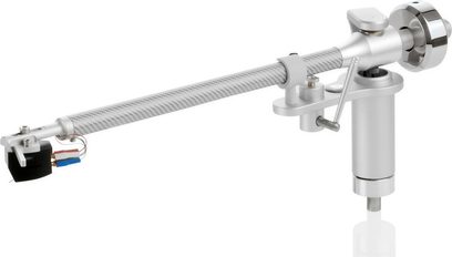 ClearAudio Verify tonearm in polished metal on adjustable mount, rectangular base, colored cables