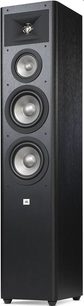 JBL Studio 280 sort søjlehøjttaler, set forfra, 3 runde højttalere placeret lodret på mat sort front