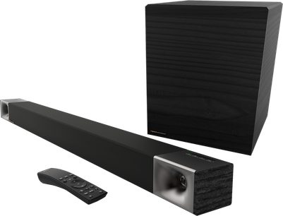 Soundbar Klipsch Cinema 600 neagră cu subwoofer, telecomandă și cablu, vedere frontală și laterală