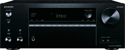 Onkyo TX-NR575E sort hjemmebiografsforstærker, frontpanel, frontvisning, grøn skærm, sølvfarvede knapper og drejeknapper