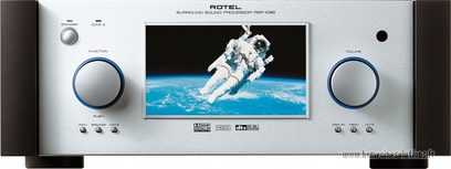 Silver Rotel RSP-1098 audio/video amplifier with display showing an astronaut in space, buttons and inputs