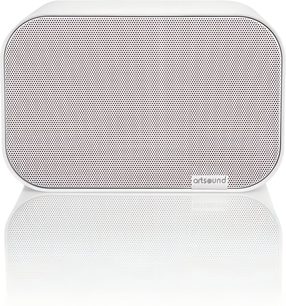 Compact white ArtSound UNI30 hi-fi speaker, rounded metal grille front panel seen from the front on a white background