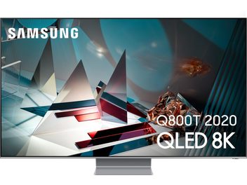 Televizor Samsung QE65Q800T QLED 8K, plochá obdélníková obrazovka, tenký rámeček, barevné a lesklé geometrické tvary
