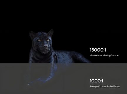 Black and gray digital visual, black panther framed from the front on a black background, white text “15000:1 VisionMaster Viewing Contrast” in the upper half and a gray banner with “1000:1 Average Contrast in the Market” in the lower half