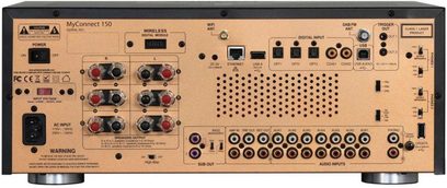 Hochwertiges All-in-One-System Advance Paris MyConnect 150 in goldenem Finish mit schwarzer Front, Tasten, Anschlüssen und digitalem Display