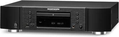 Marantz CD6007 black CD player, front panel with display, buttons and connectors, front view