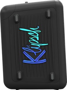 Přenosný Bluetooth reproduktor Klipsch Vegas, pohled zepředu, černý texturovaný povrch s modrým a zeleným světelným logem, zaoblené rohy