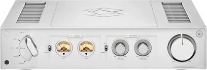 Amplificatore hi-fi integrato stereo Rose RA280 argento, pannello frontale con grande manopola del volume, vu-meter rotondi e selettore di ingressi