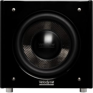 Velodyne SPL-X 18 subwoofer i sort højglans, set forfra, stort centralt kulstofmembran-højttalerelement og sølvfarvede fødder