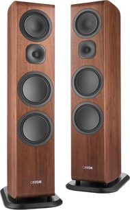 Pair of Canton Vento 101 floorstanding speakers in walnut, dark wood finish with four black drivers shown from the front