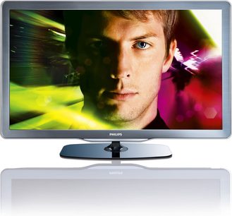 Philips 40PFL6605H tv set set fra forsiden, tændt skærm viser en mands ansigt på en grøn og lilla baggrund