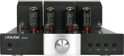 Amplificatore hi-fi a valvole Jolida JD 303, pannello frontale nero, 4 valvole, manopola del volume argentata, VU meter, selettori di ingresso, interruttore di accensione