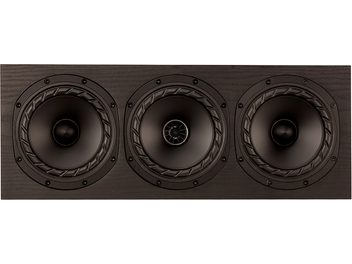 Boxă centrală Fyne Audio F5E LCR, vedere frontală, trei difuzoare circulare negre, carcasă dreptunghiulară din lemn închis la culoare
