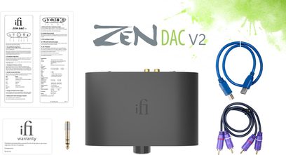 Przetwornik cyfrowo-analogowy (DAC) iFi Zen V2 w kolorze czarnym, widok z przodu, z instrukcją obsługi, niebieskimi kablami USB i RCA na jasnym zielonym tle