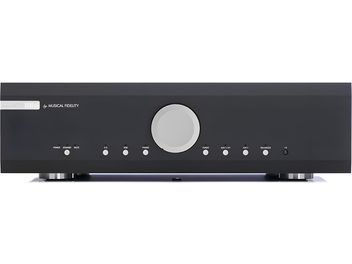 Ampli hi-fi integrált sztereó Musical Fidelity M6si fekete, ezüst színű kör alakú központi gombbal és 9 sorban elrendezett gombbal az előpaneljén
